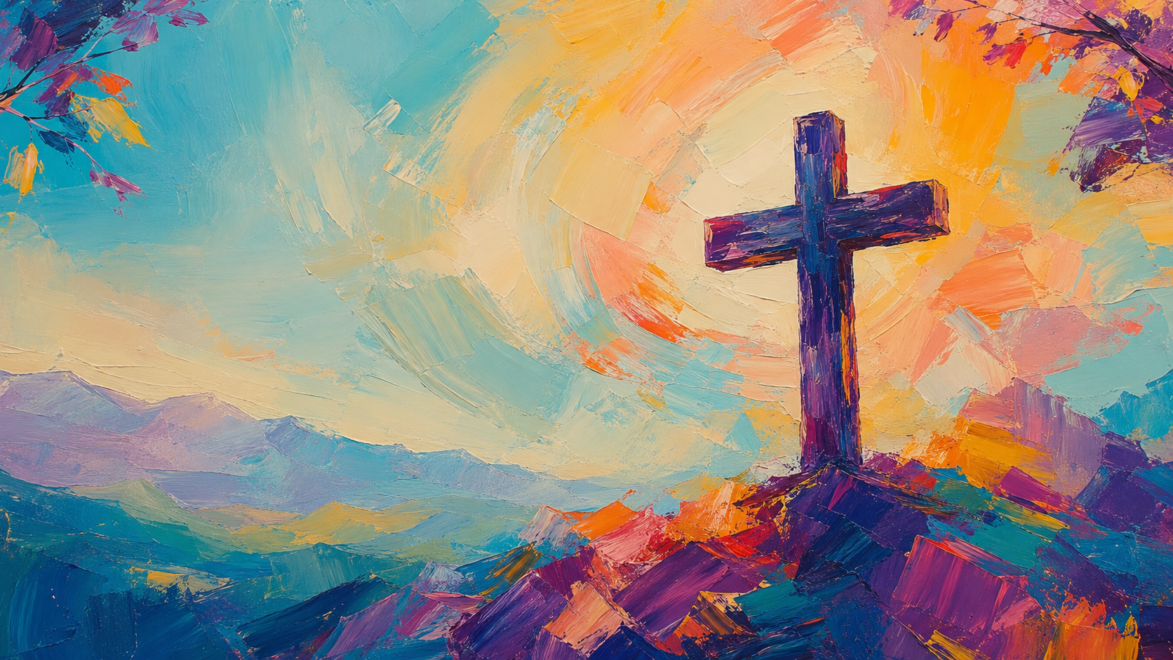 Vivid painting of a cross on a hilltop at sunrise