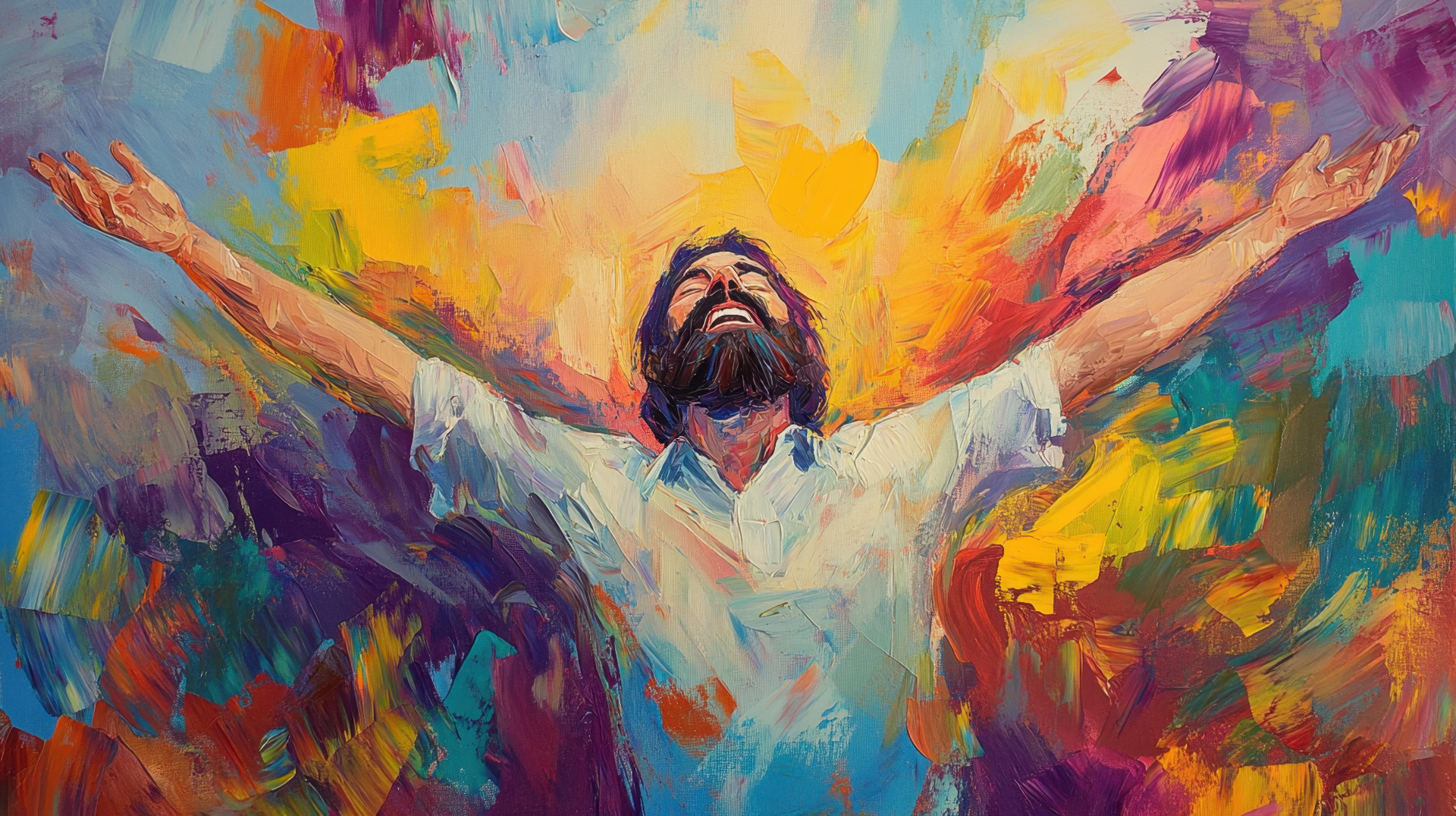 Colorful painting of Jesus with arms raised in worship